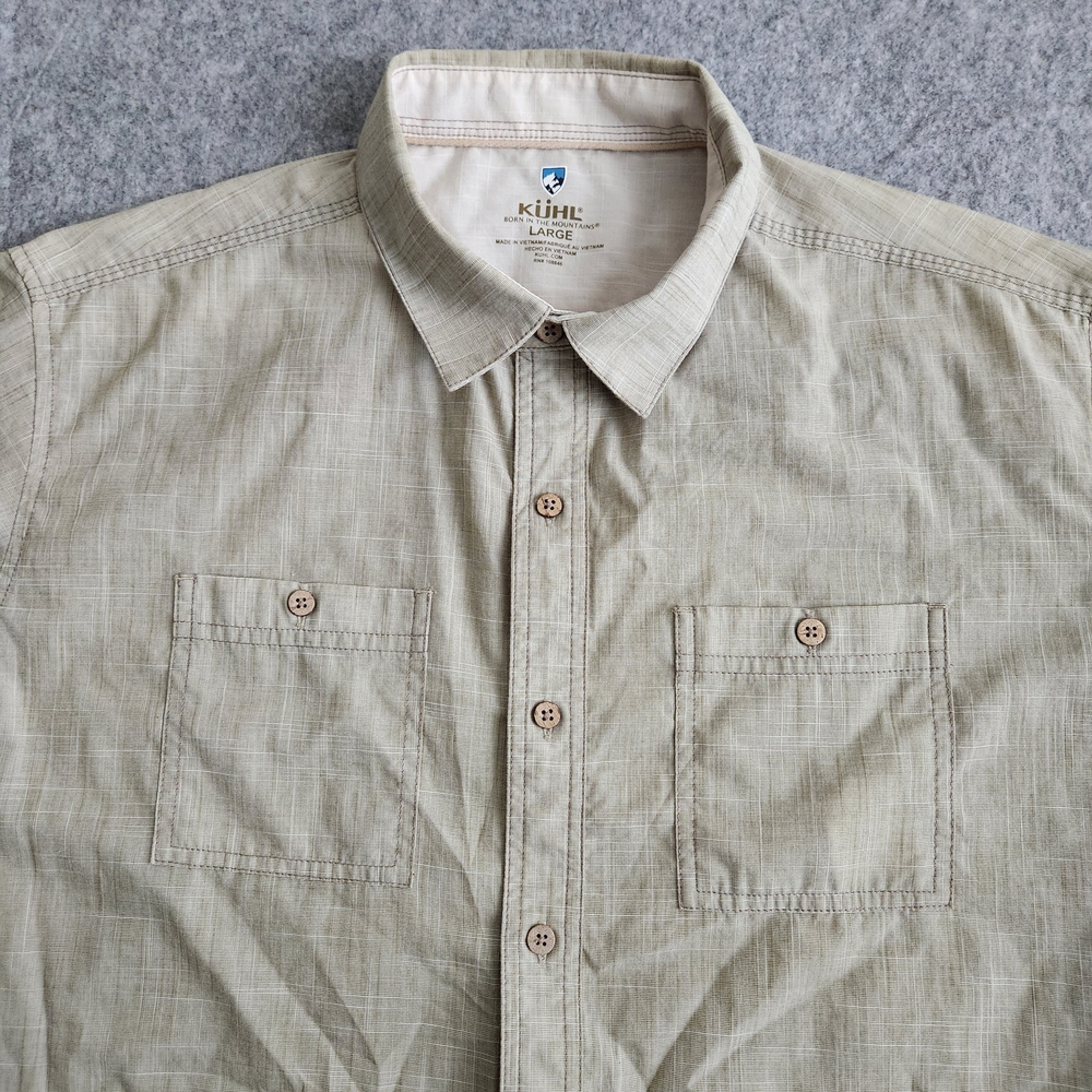 Kuhl Karib Performance Golf Hiking Shirt Men L Beige Short Sleeve Outdoor Casual